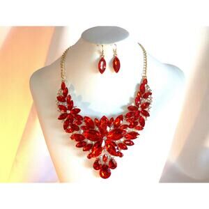 Red rhinestone flower necklace set, wedding MOB prom formal evening necklace set
